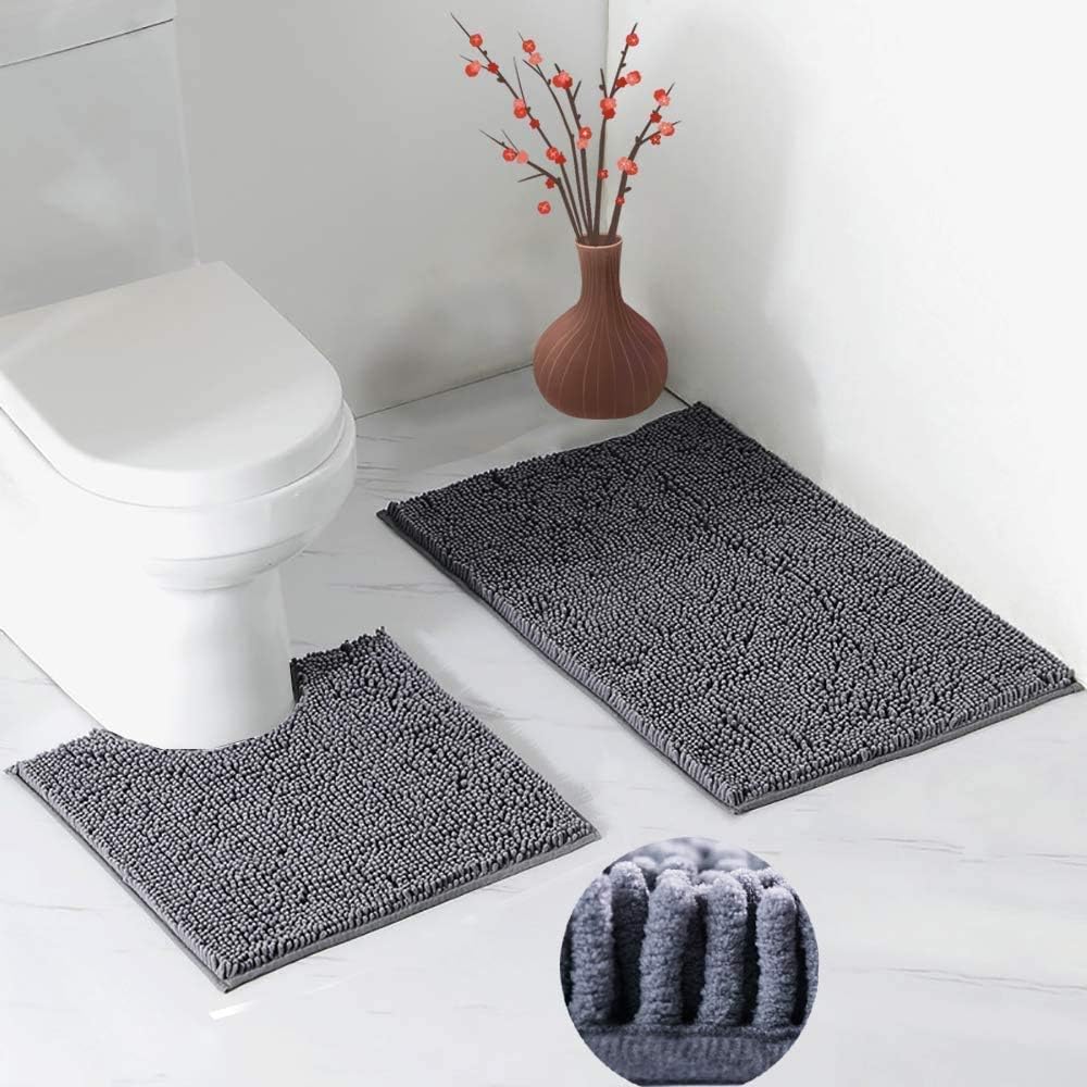 2 PCs Microfiber Anti Slip Commode Mat Set- Dark Grey - Image 6