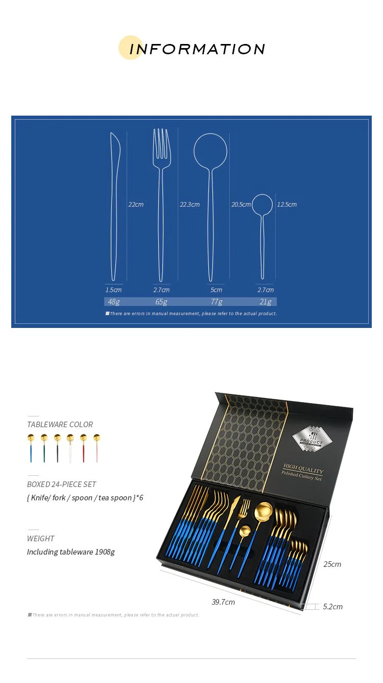 Blue/Golden(4406)-24 Pcs Premium Steel Cutlery Set - Image 3