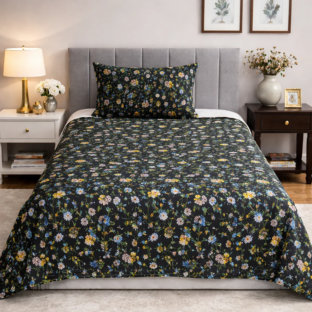 2Pcs Single Bed Sheet-Black Meadows