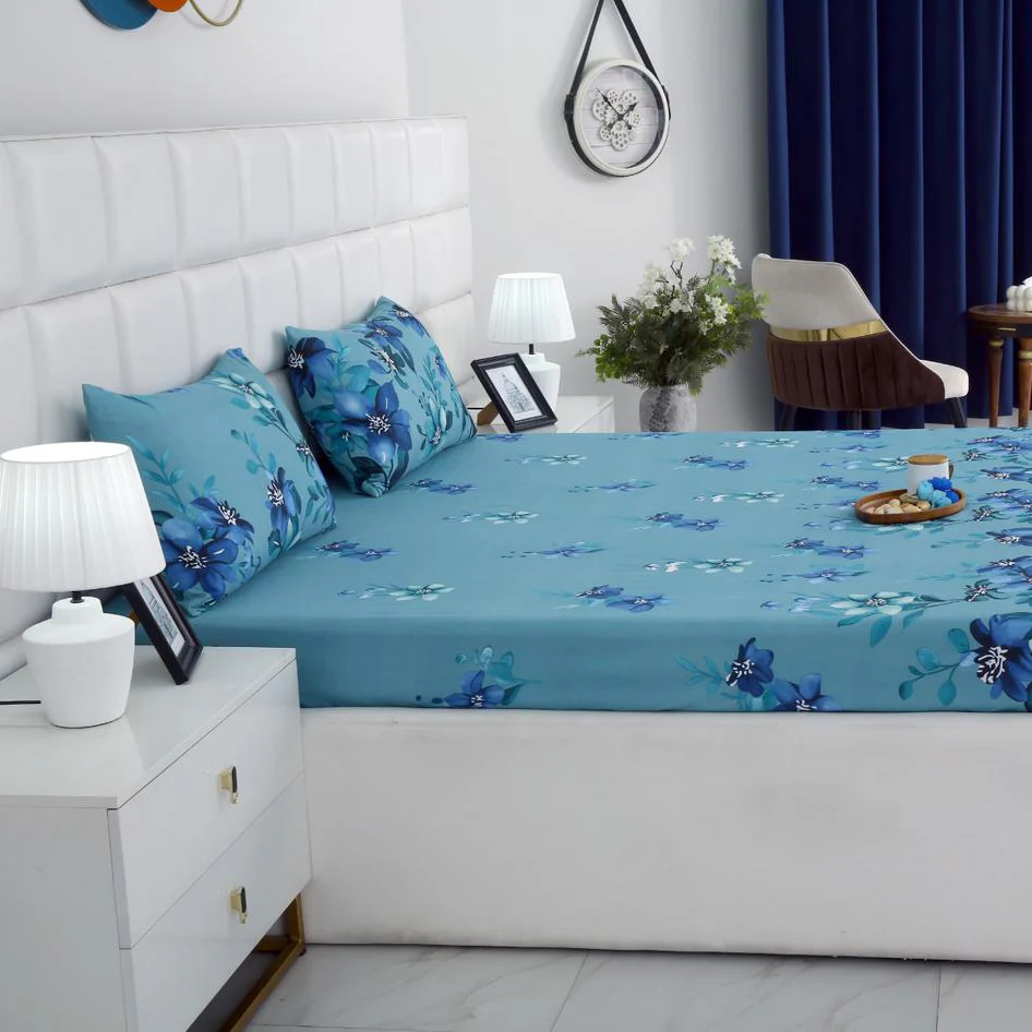 3 PCs Double Bed Sheet-Azure Bloom