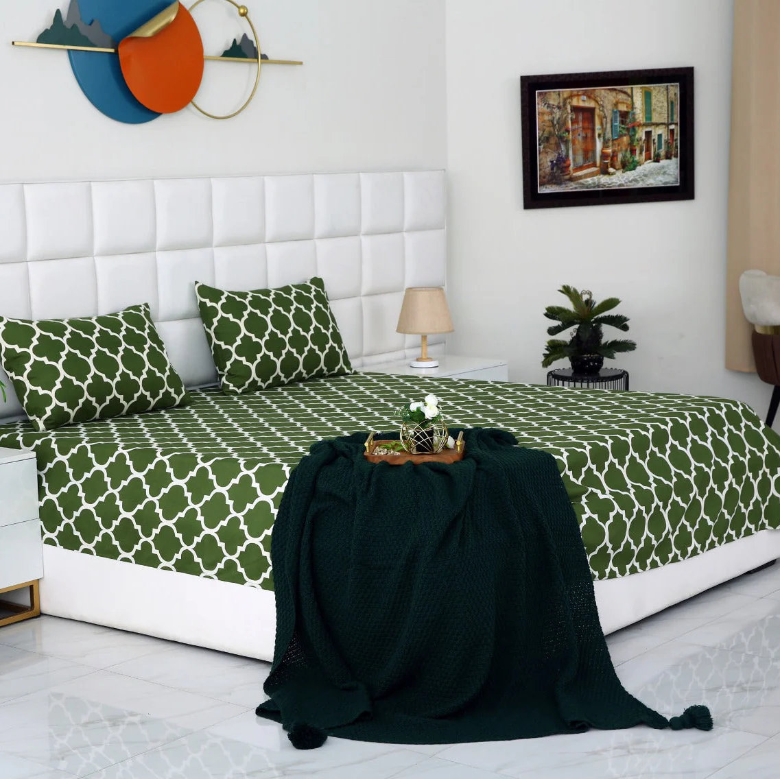 3 PCs Bed Sheet-Olive Geometric