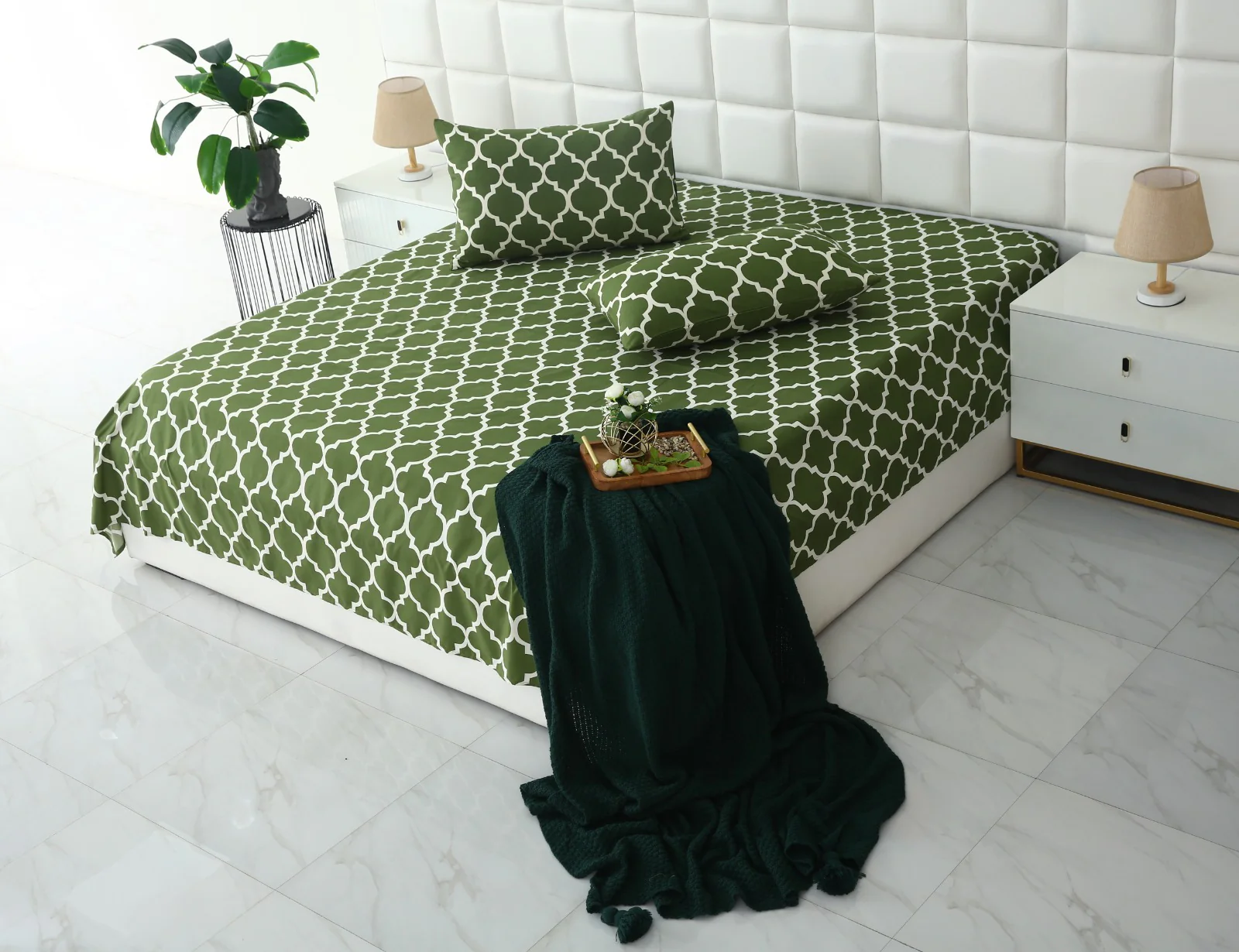 3 PCs Bed Sheet-Olive Geometric - Image 3