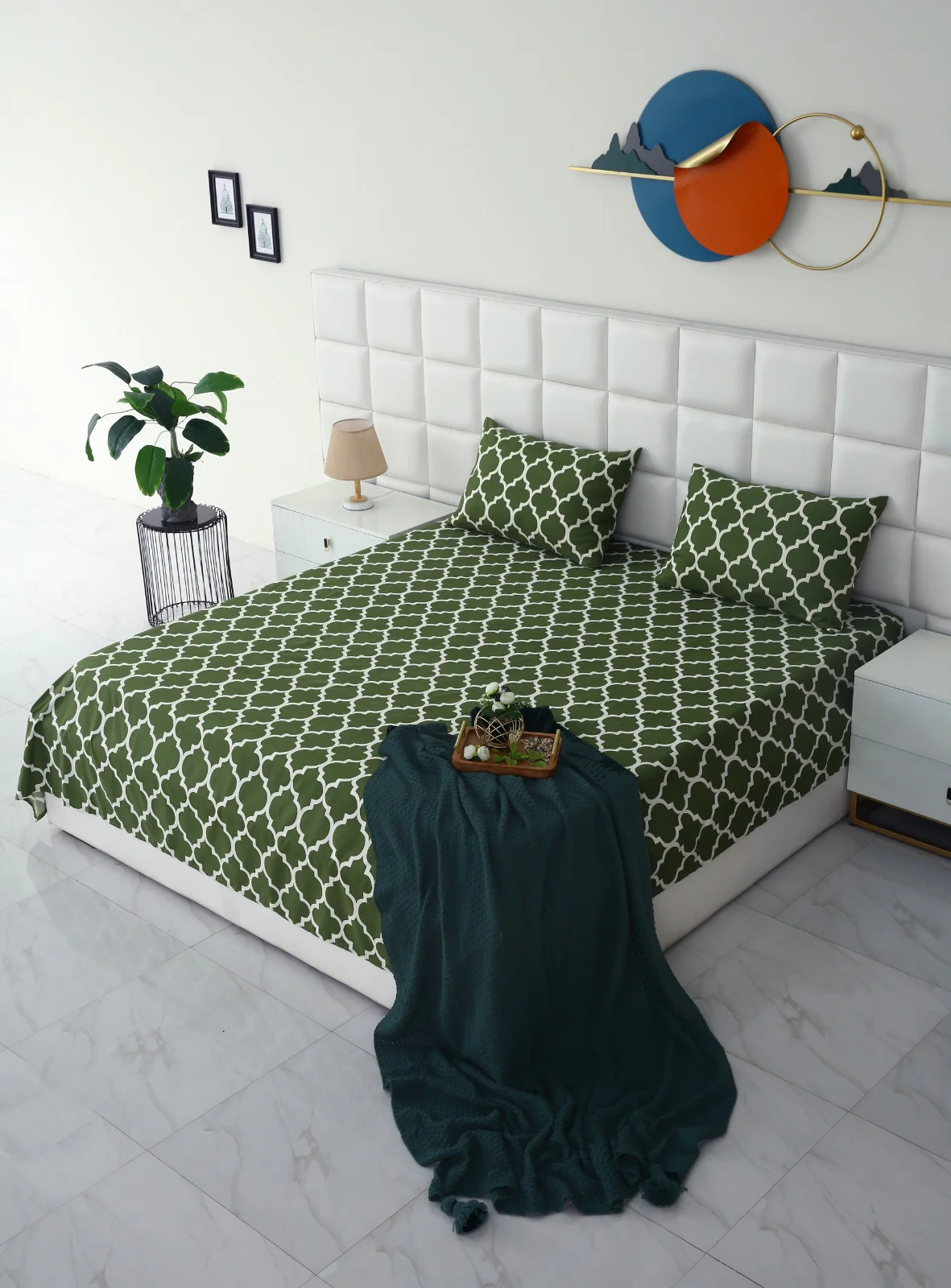 3 PCs Bed Sheet-Olive Geometric - Image 8
