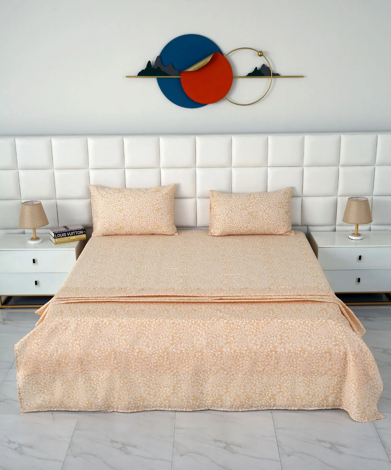 3 PCs Double Bed Sheet-Beige Bloom - Image 4