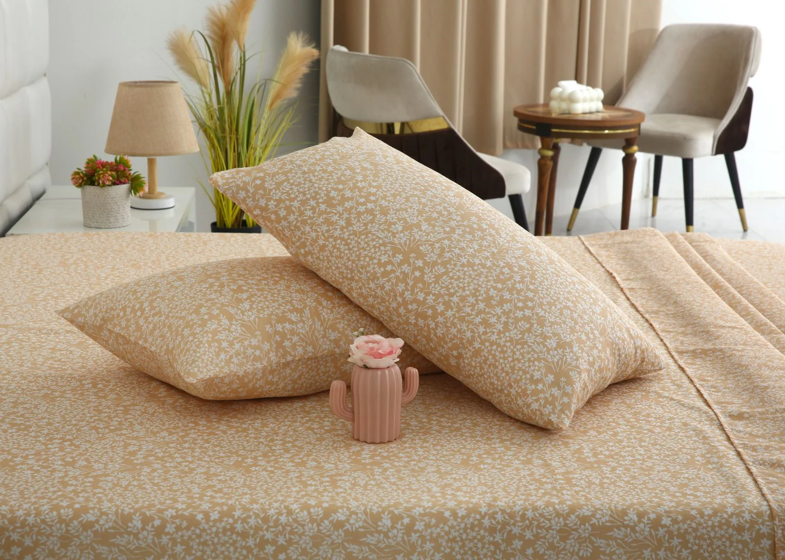 3 PCs Double Bed Sheet-Beige Bloom - Image 5