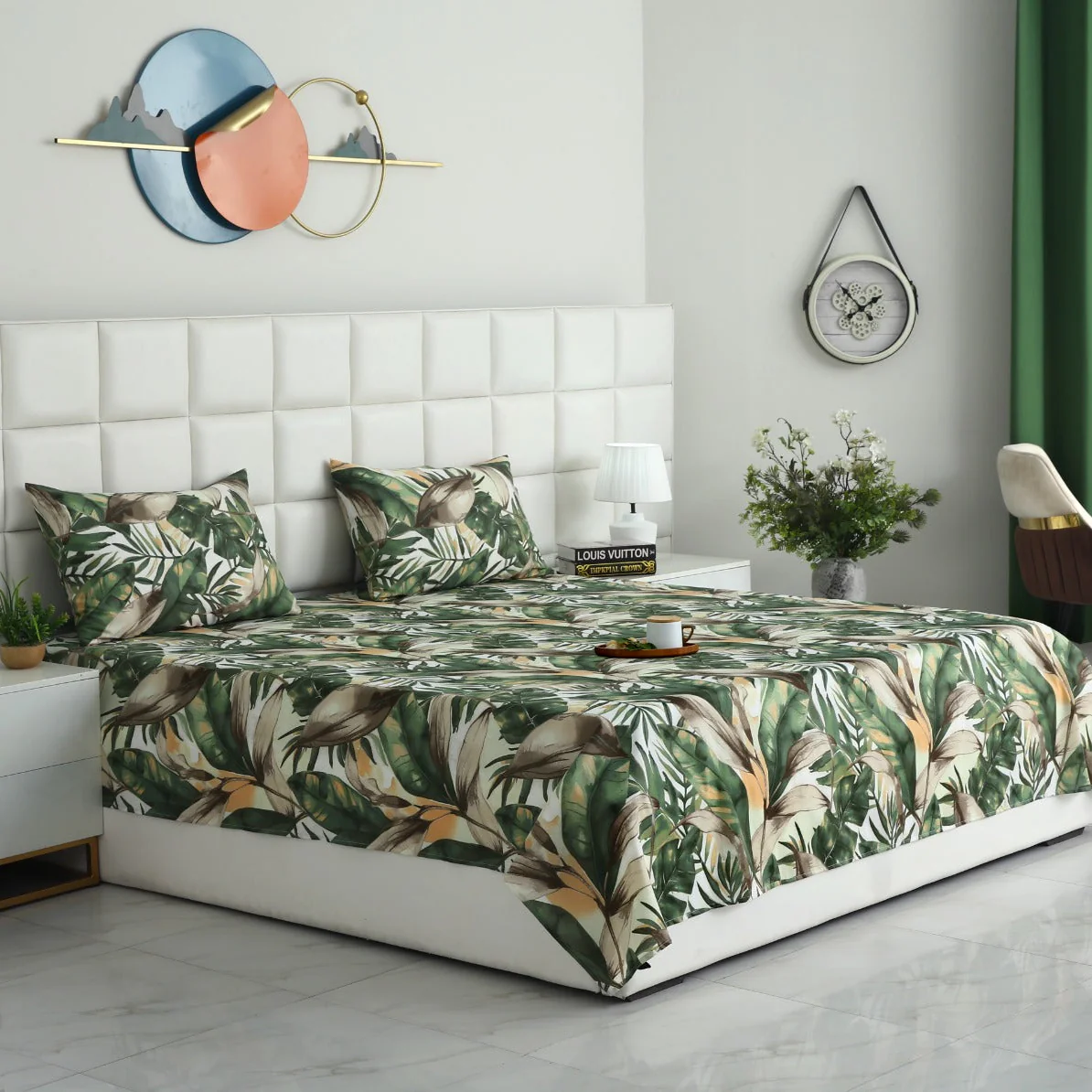 3 PCs Double Bed Sheet-Emerald Feathers