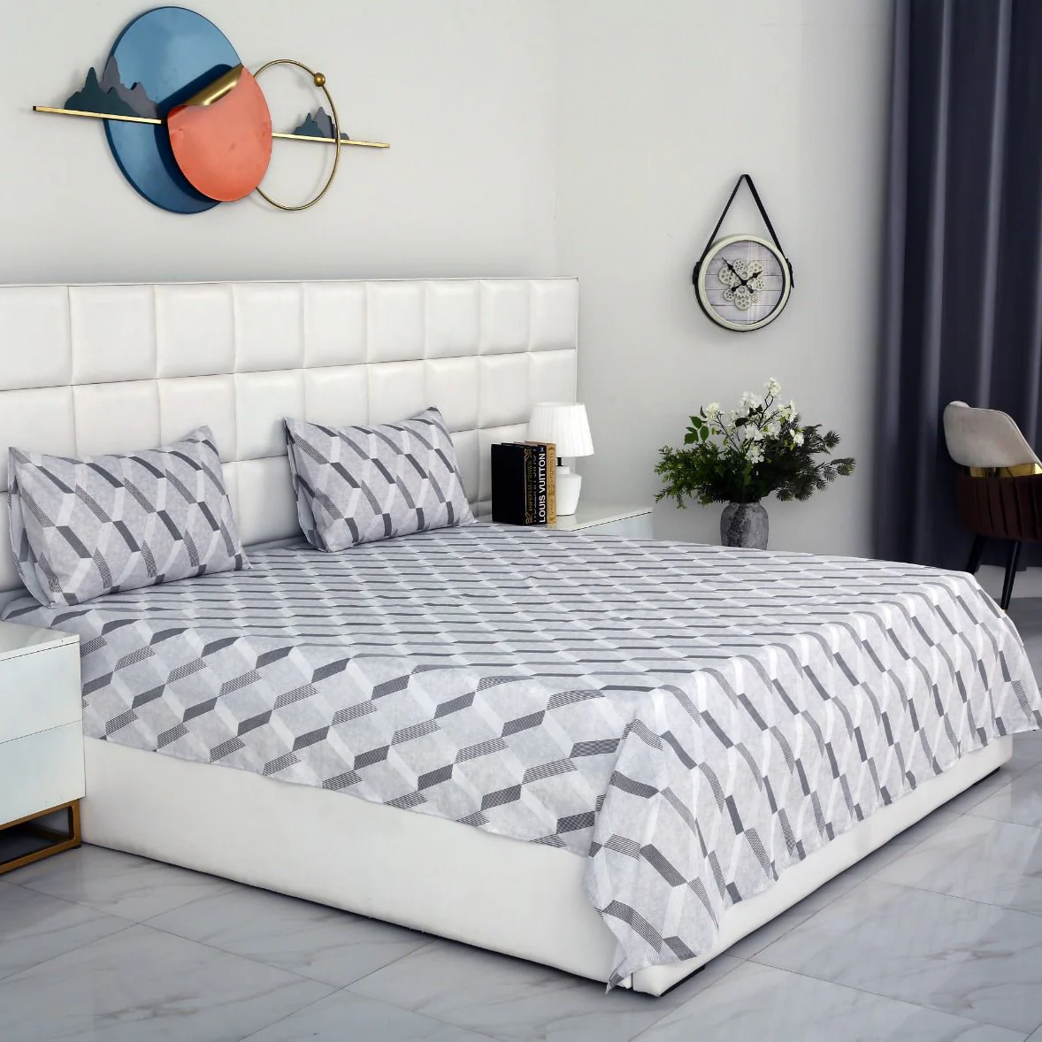 3 PCs Double Bed Sheet-Sliver Triangles