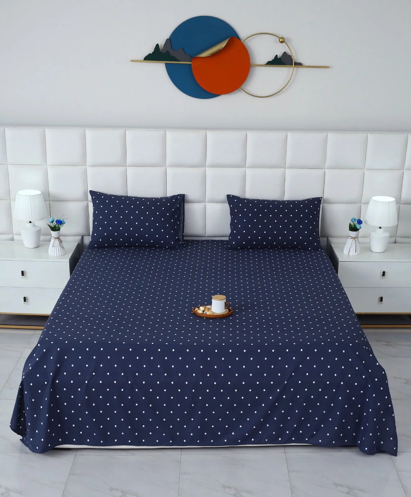3 PCs Double Bed Sheet With Same Packing-Blue Polka - Image 3