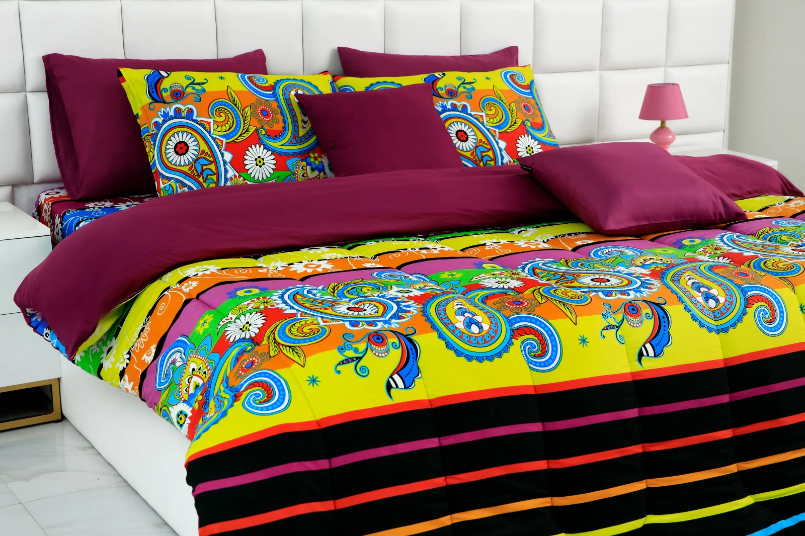 5 PCs Single Comforter Set-Multi Flower (Plum Reverse) - Image 6
