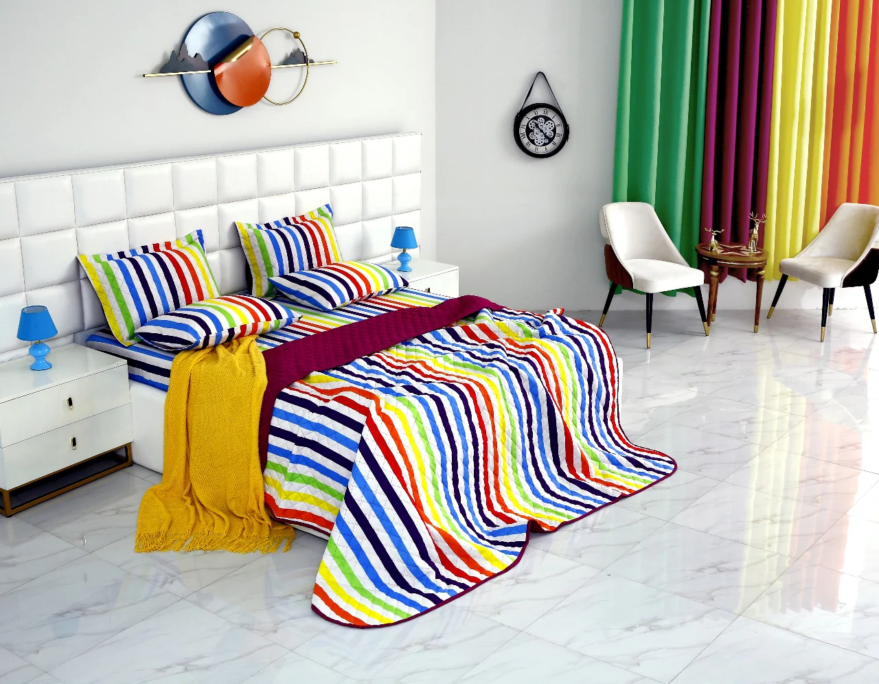 6 PCs Bed Spread Set-Multi Stripe(Plum) - Image 13