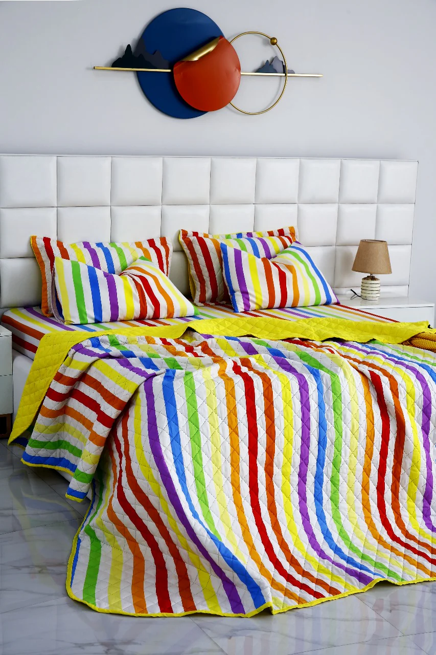 6 PCs Bed Spread Set-Multi Stripe(Yellow) - Image 13
