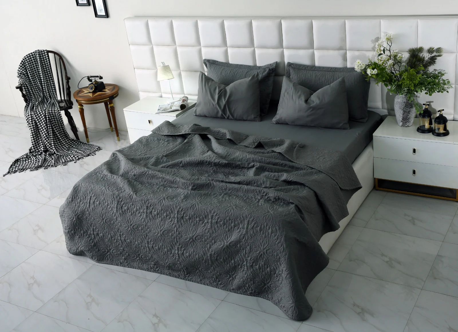 6 PCs Luxury Bed Spread Set-Grey - Image 3