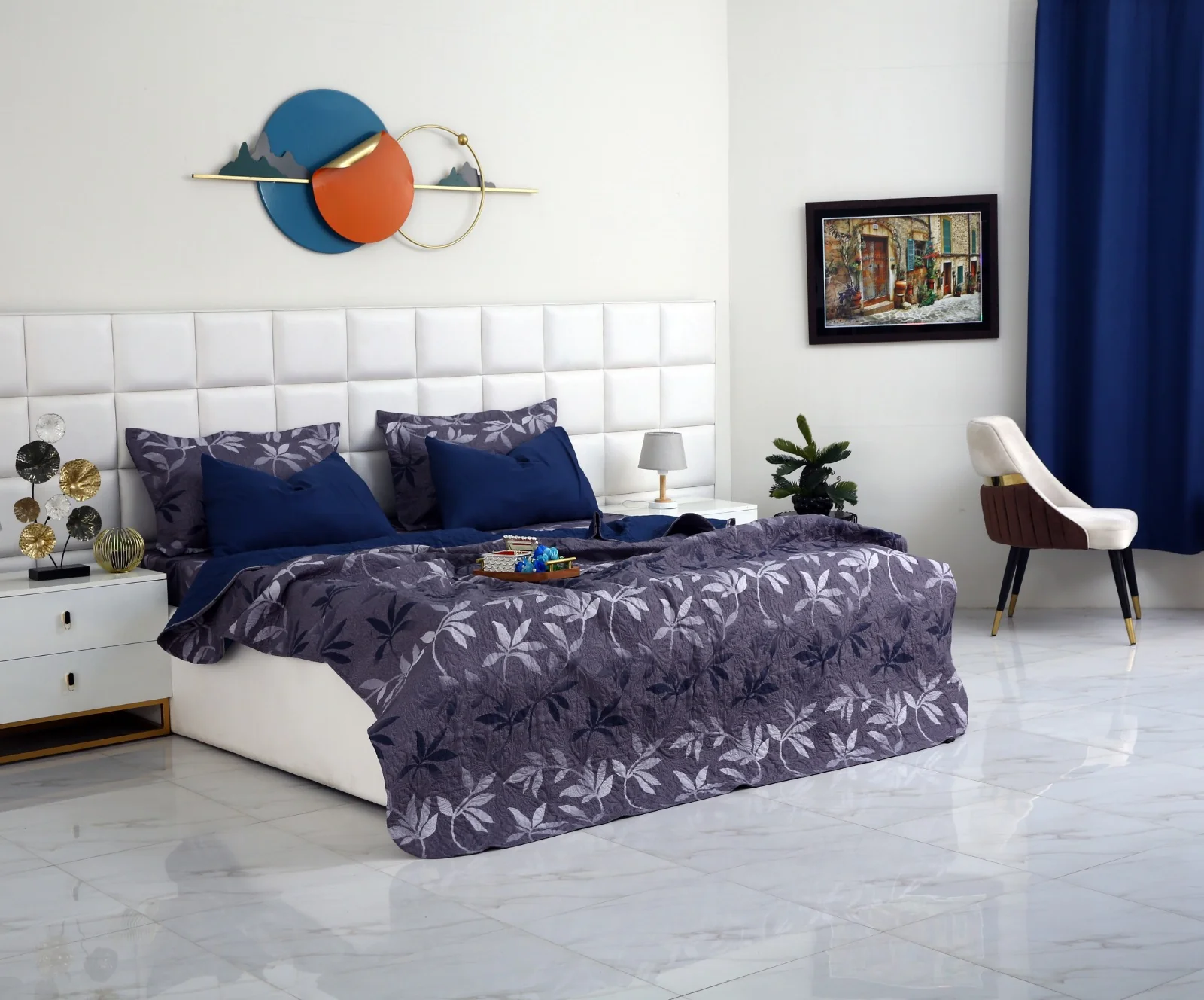6 PCs Luxury Bed Spread Set-Grey Leaf