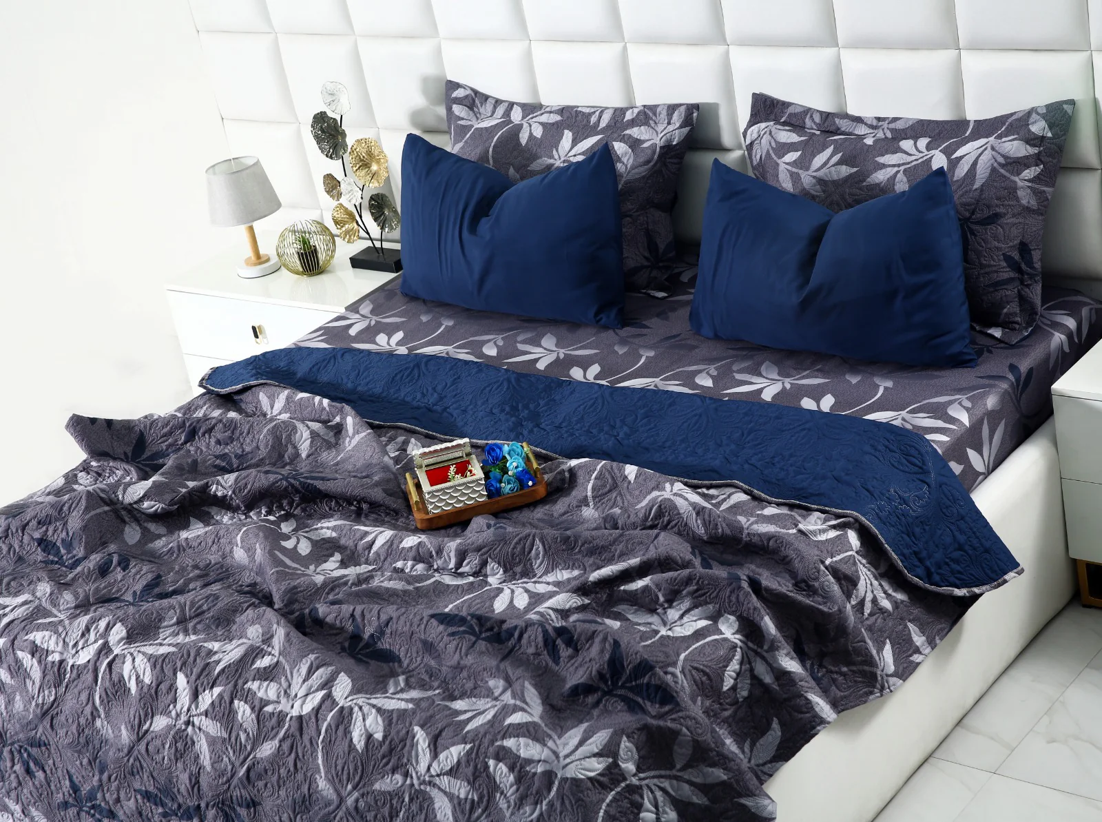 6 PCs Luxury Bed Spread Set-Grey Leaf - Image 8
