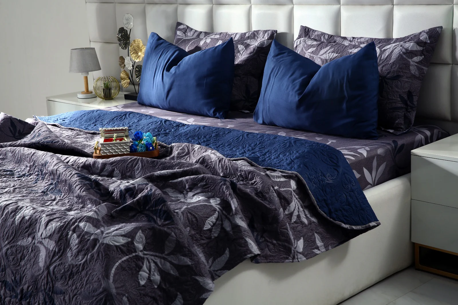6 PCs Luxury Bed Spread Set-Grey Leaf - Image 9