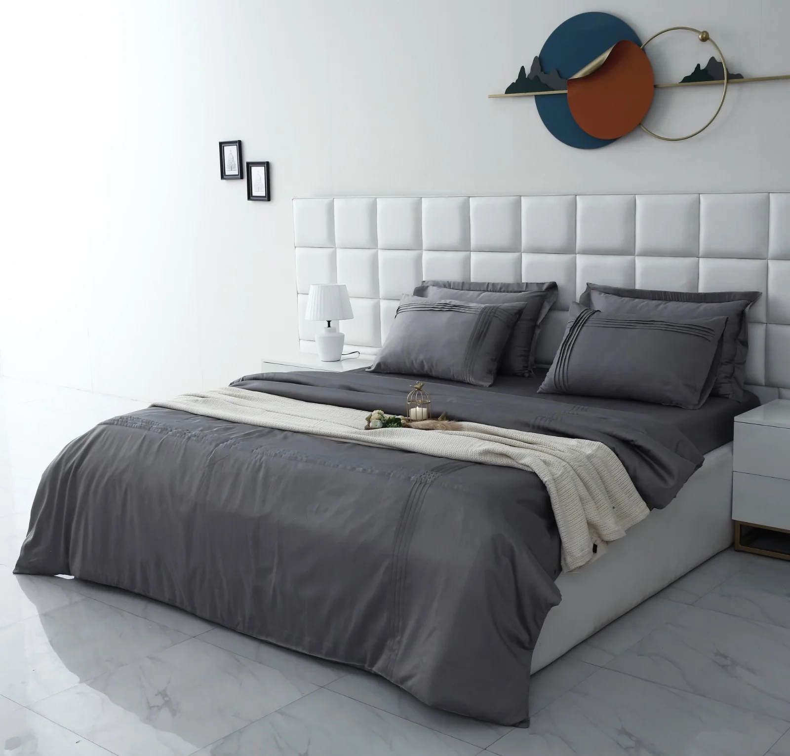 6 PCs Luxury Satin Dyed Duvet Cover Set-Grey - Image 3