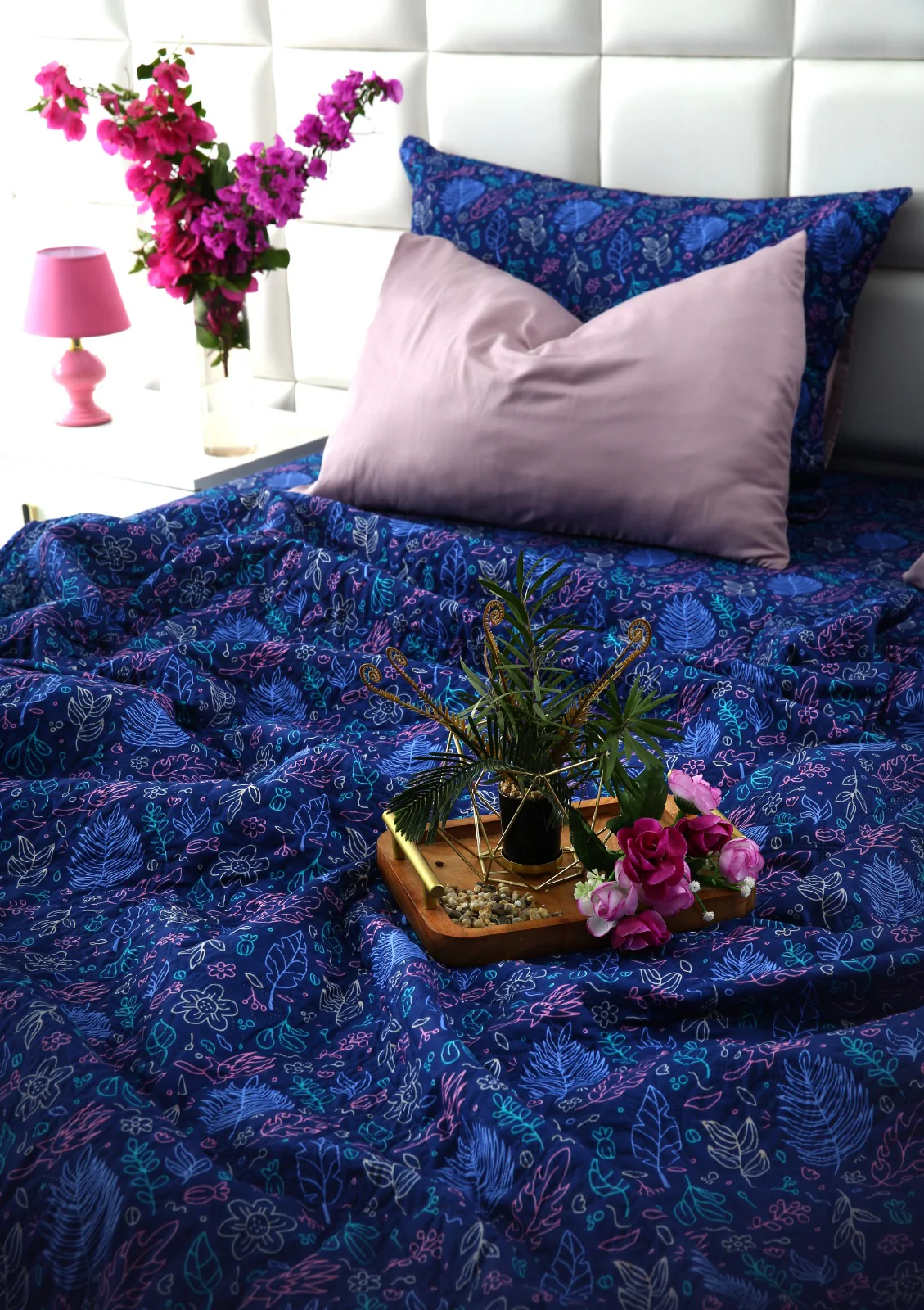 6 PCs Printed Bed Spread Set-Blue Lilly - Image 9