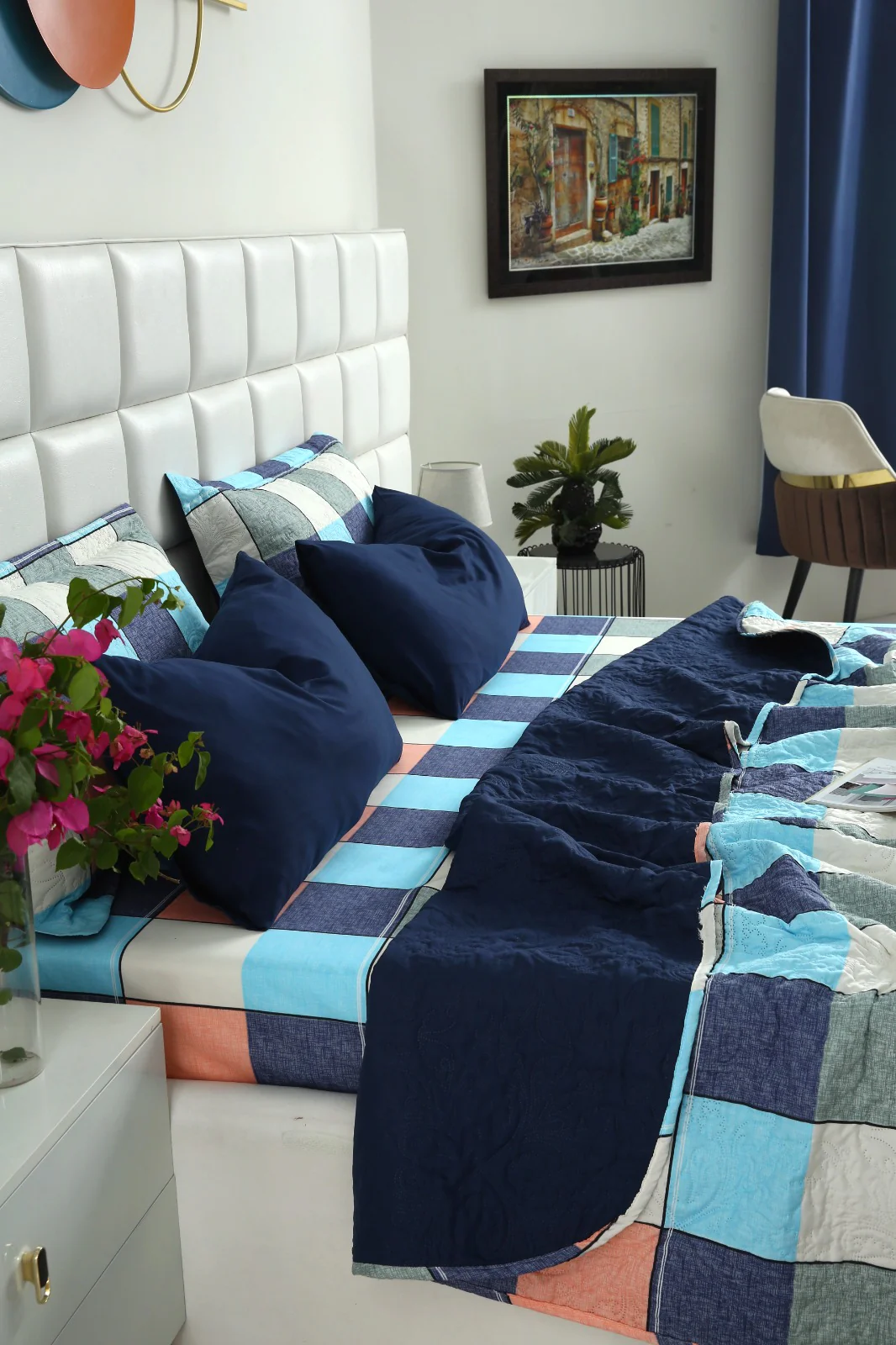6 PCs Printed Bed Spread Set-Pastel Check - Image 6