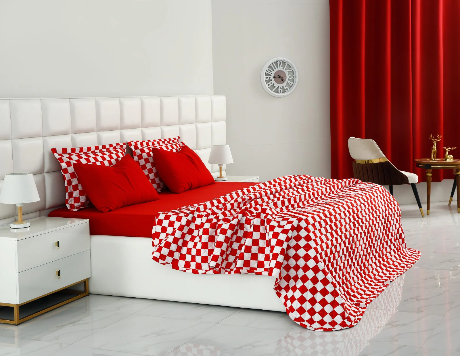 6 PCs Printed Bed Spread Set-Red Chess - Image 10