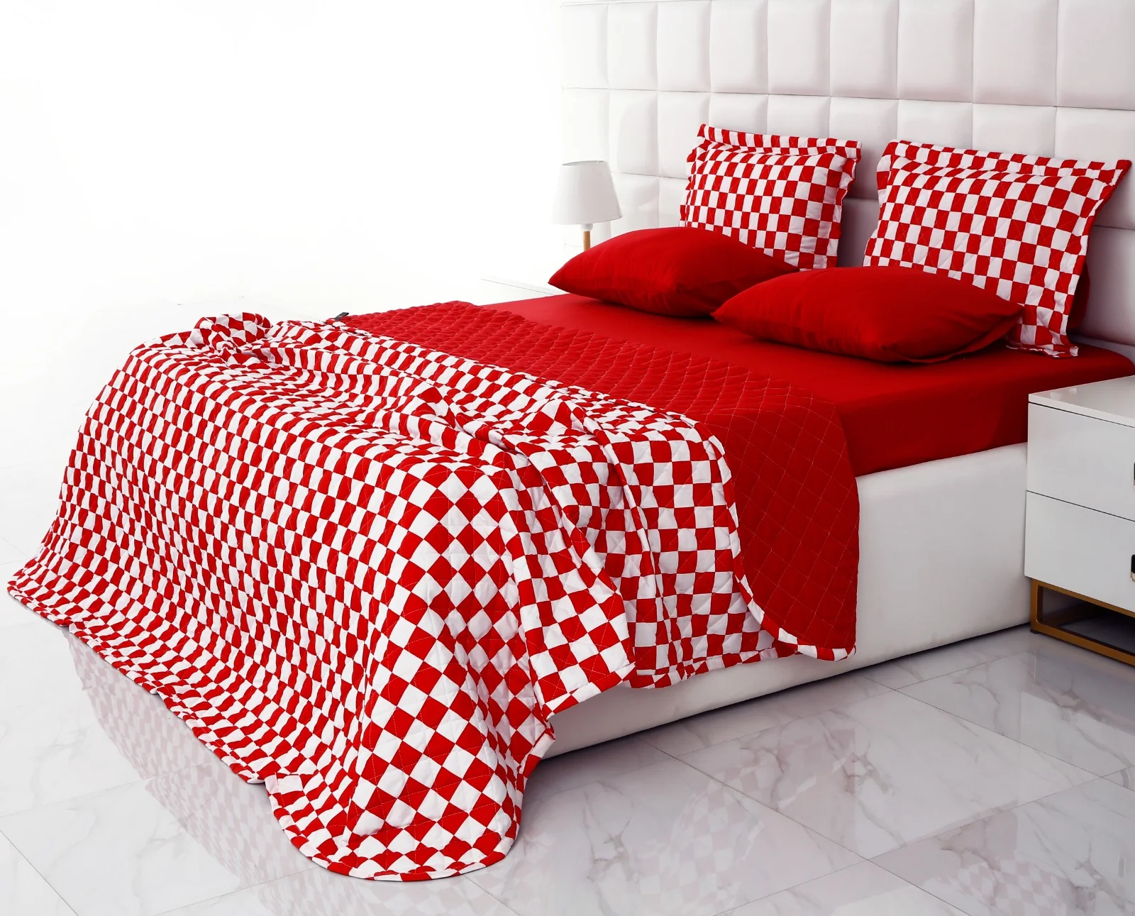 6 PCs Printed Bed Spread Set-Red Chess - Image 13