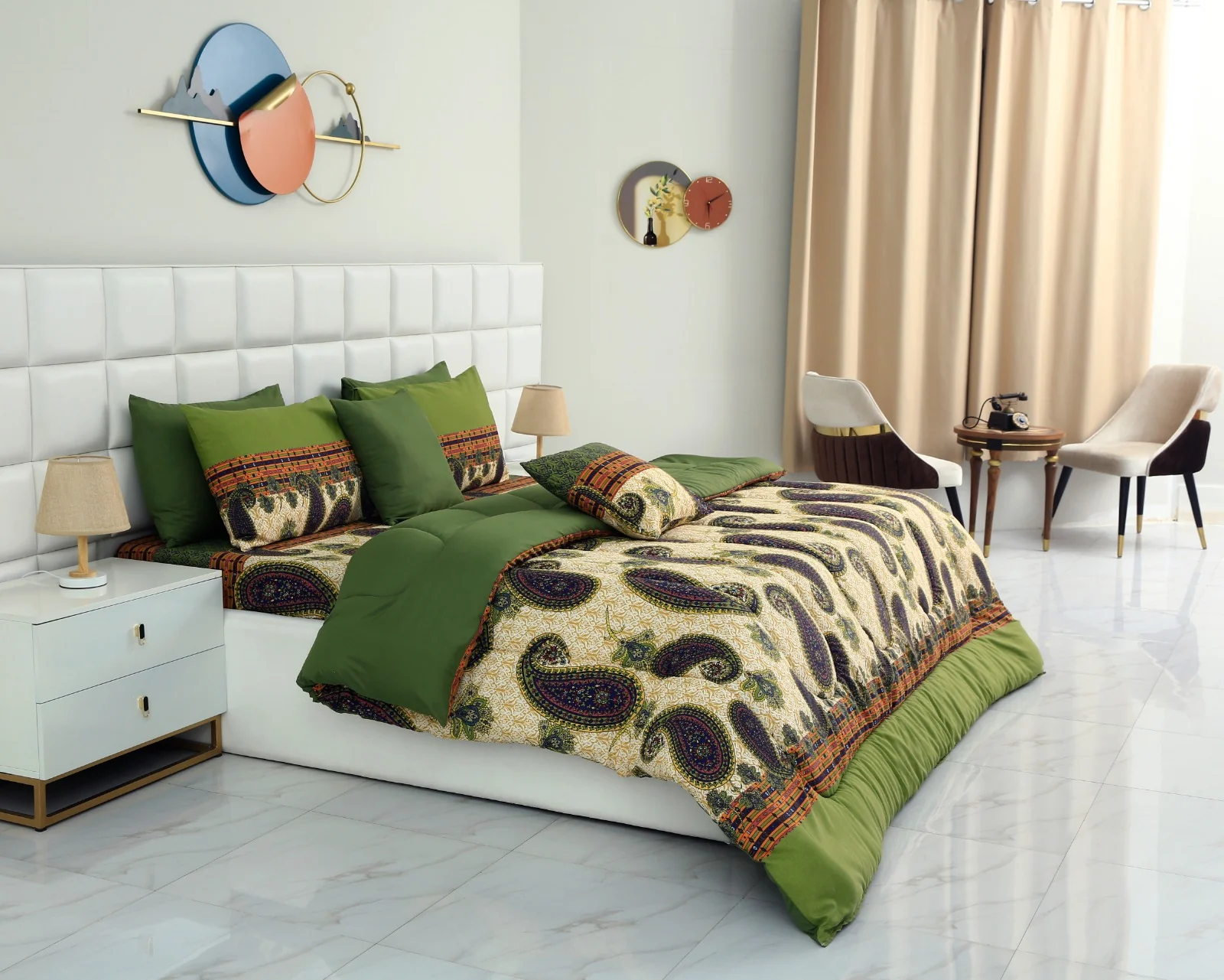 8 PCs Winter Comforter Set-Green Paisley - Image 7