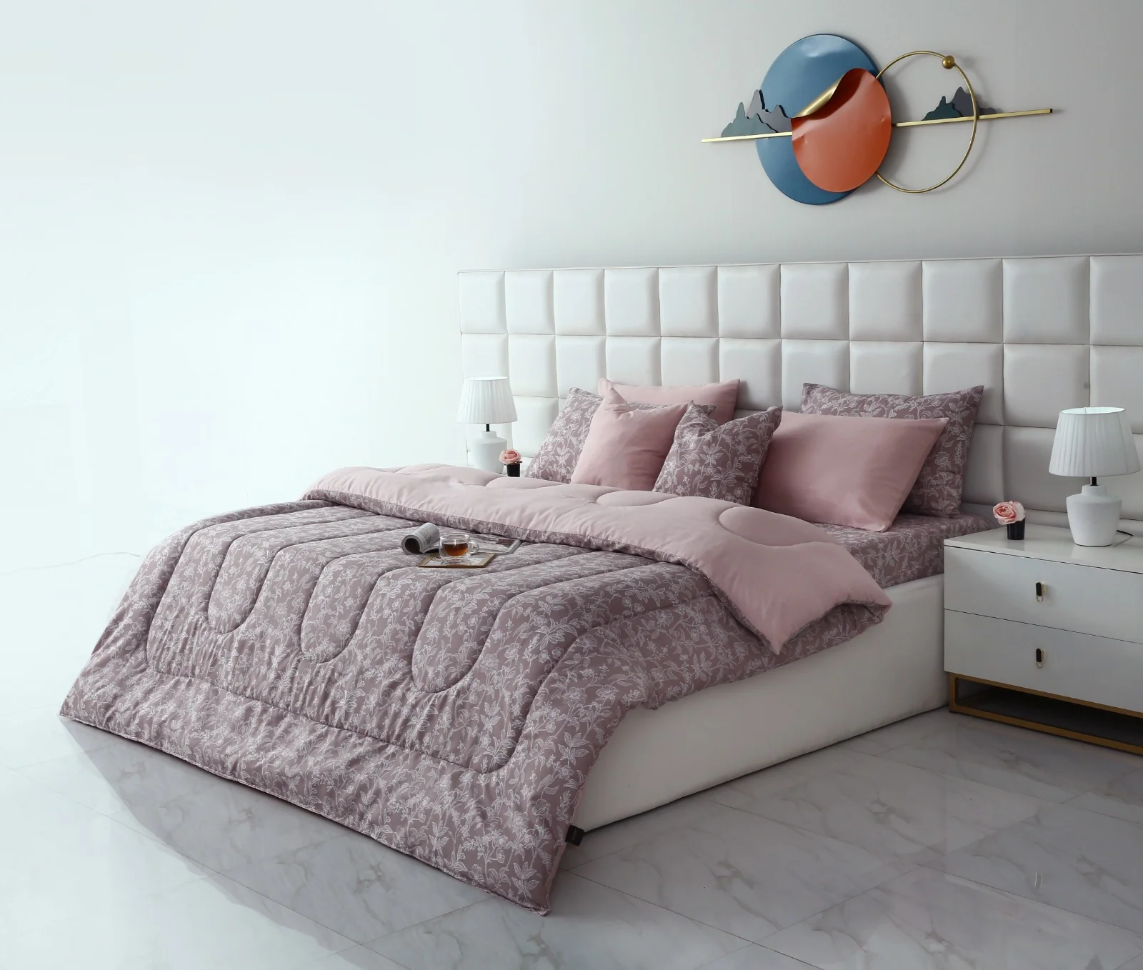 8 PCs Winter Razai Set-White Peonies - Image 2