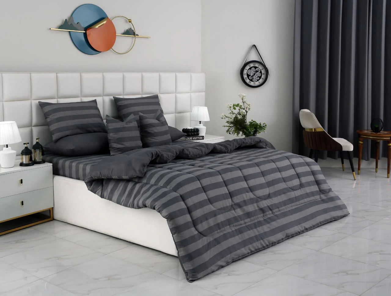 8 PCs Winter Razai Set-Charcoal Stripes - Image 14