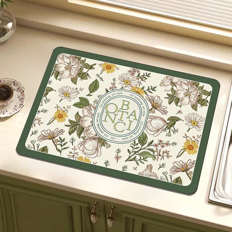 Anti Slip Dish Drying Mat-Green Botanic