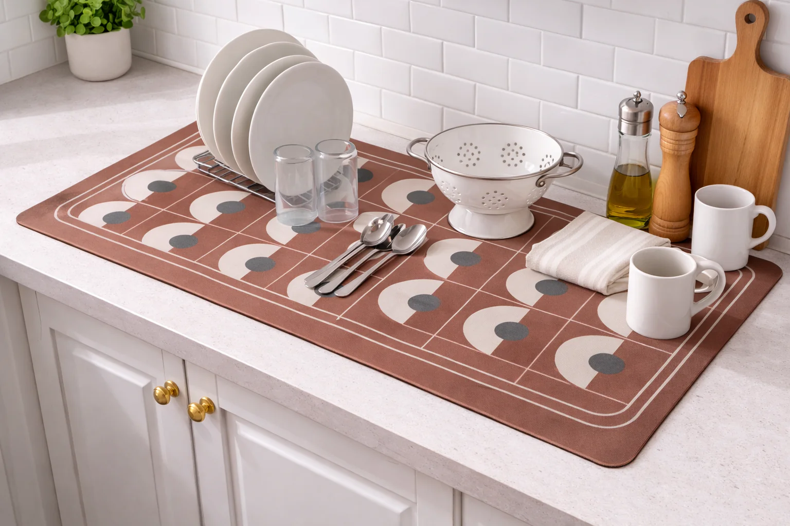 AntiSkid Dish Drying Heat & Water Protector Mat-SA-2553-Brown Shapes