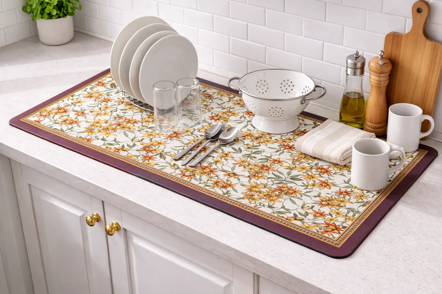 AntiSkid Dish Drying Heat & Water Protector Mat-SA-2553-Lillies - Image 2