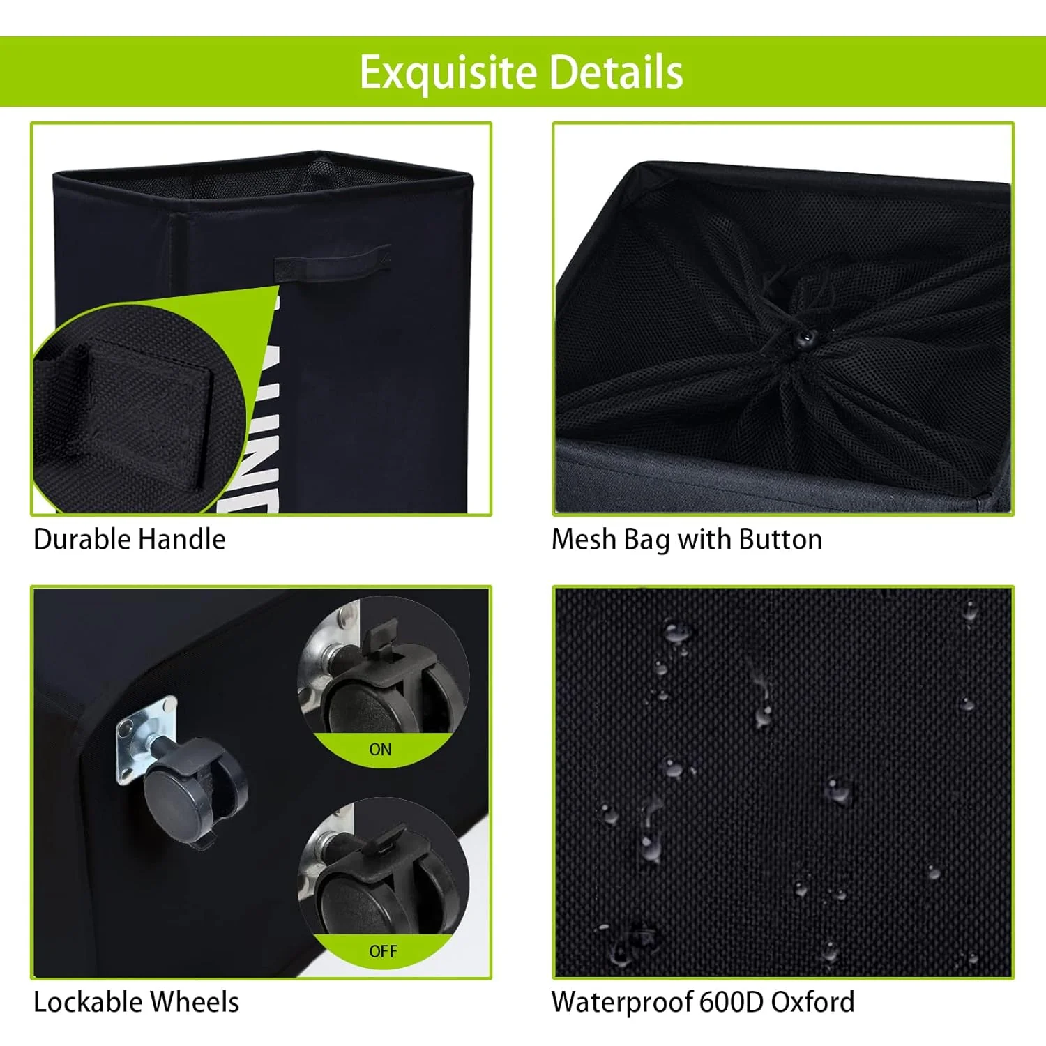 Cart Laundry Basket with Wheel-Black(5394) - Image 3