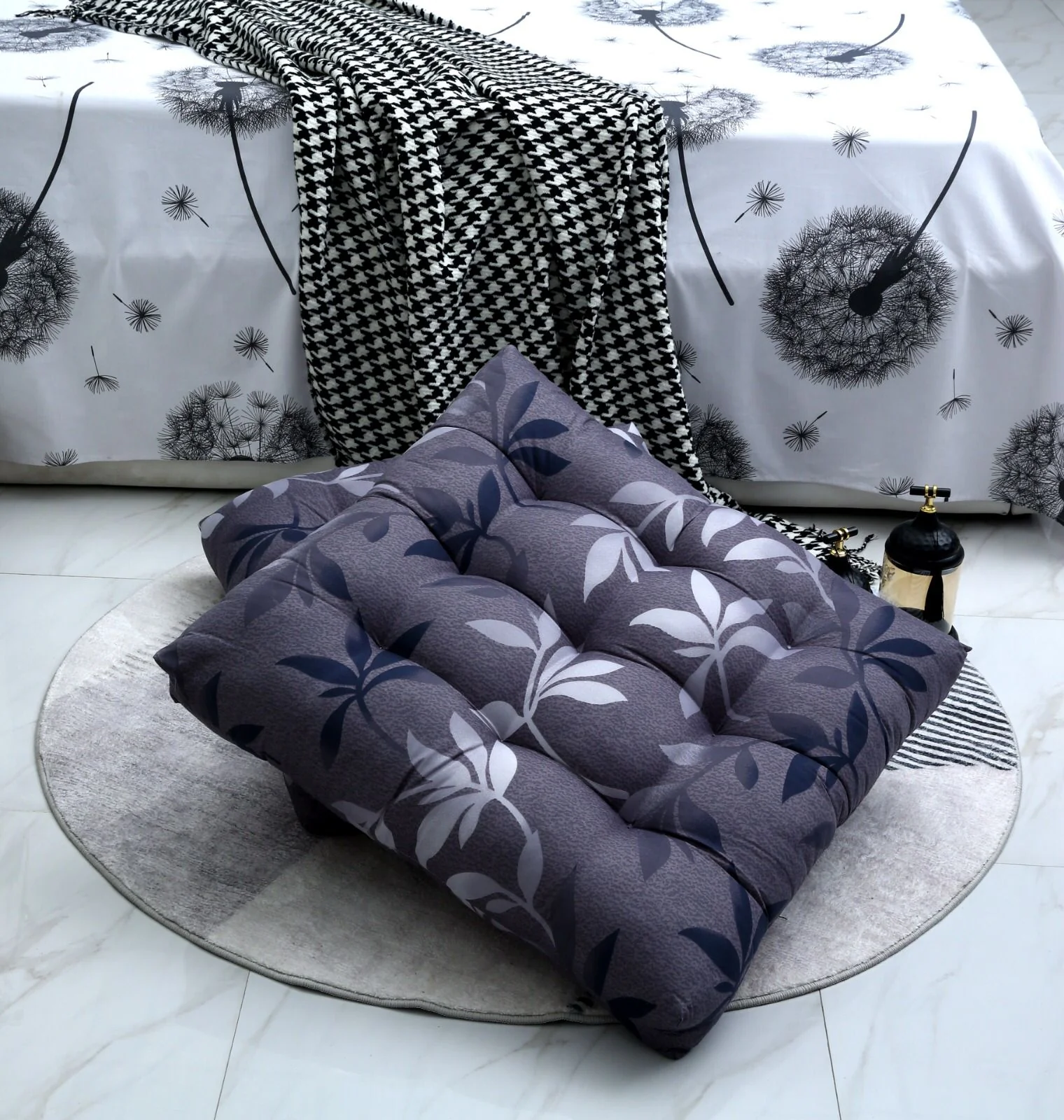 Digital Printed Square Floor Cushions-Grey Leaf - Image 10