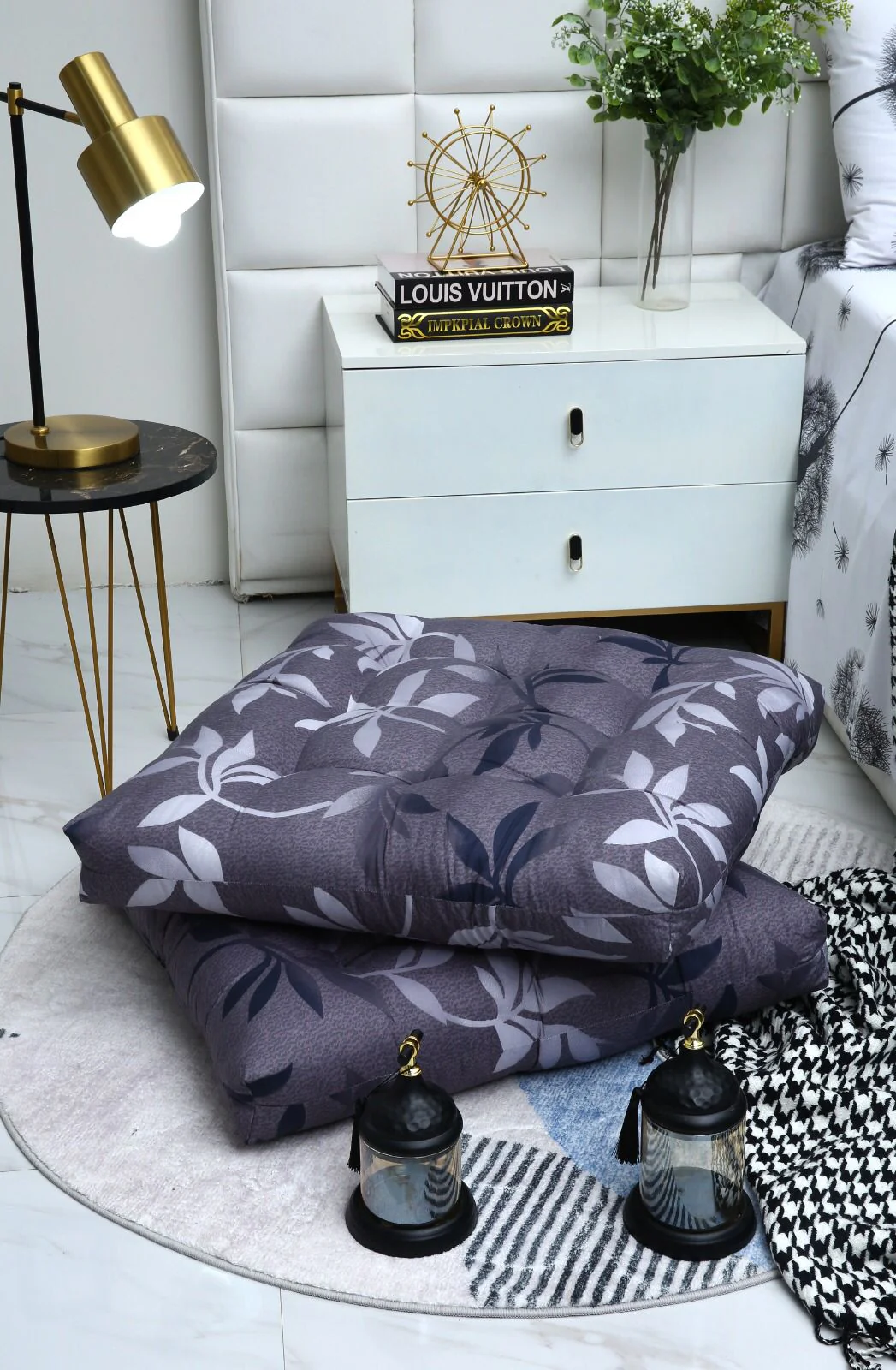 Digital Printed Square Floor Cushions-Grey Leaf - Image 2