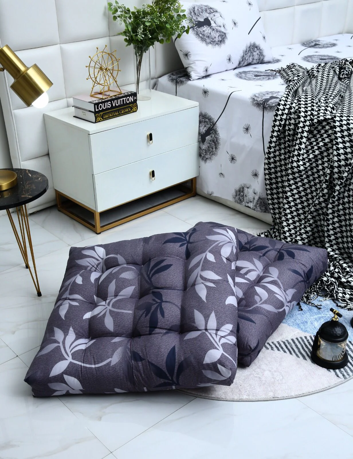 Digital Printed Square Floor Cushions-Grey Leaf - Image 9