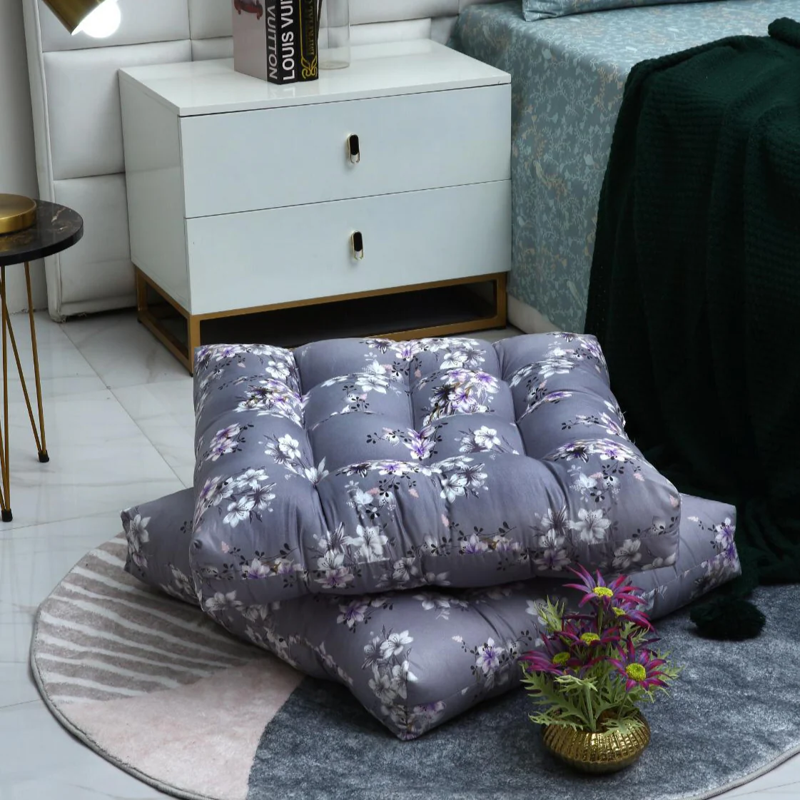 Digital Printed Square Floor Cushions-White Rose