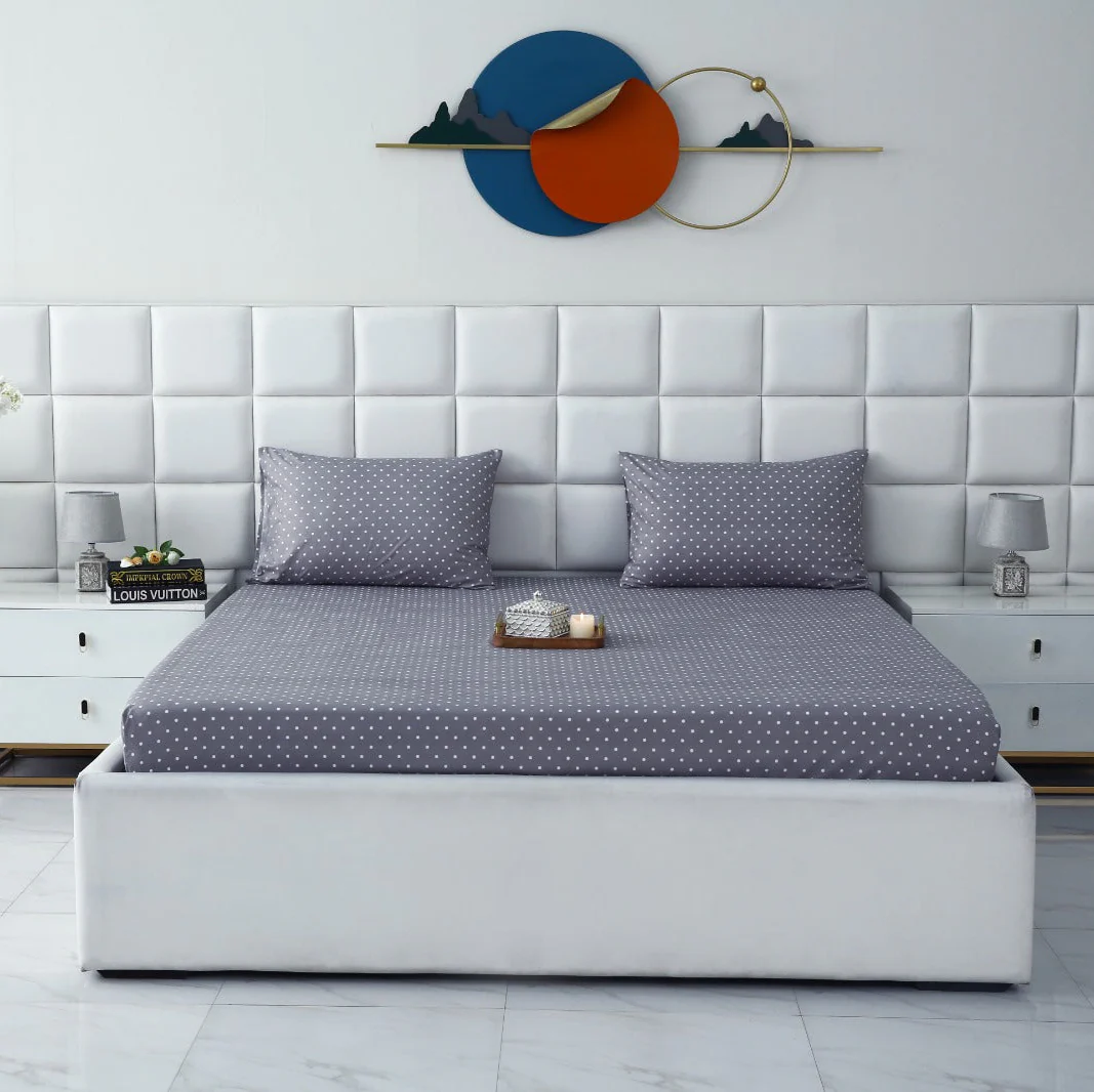 Fitted Bed Sheet-Grey Polka