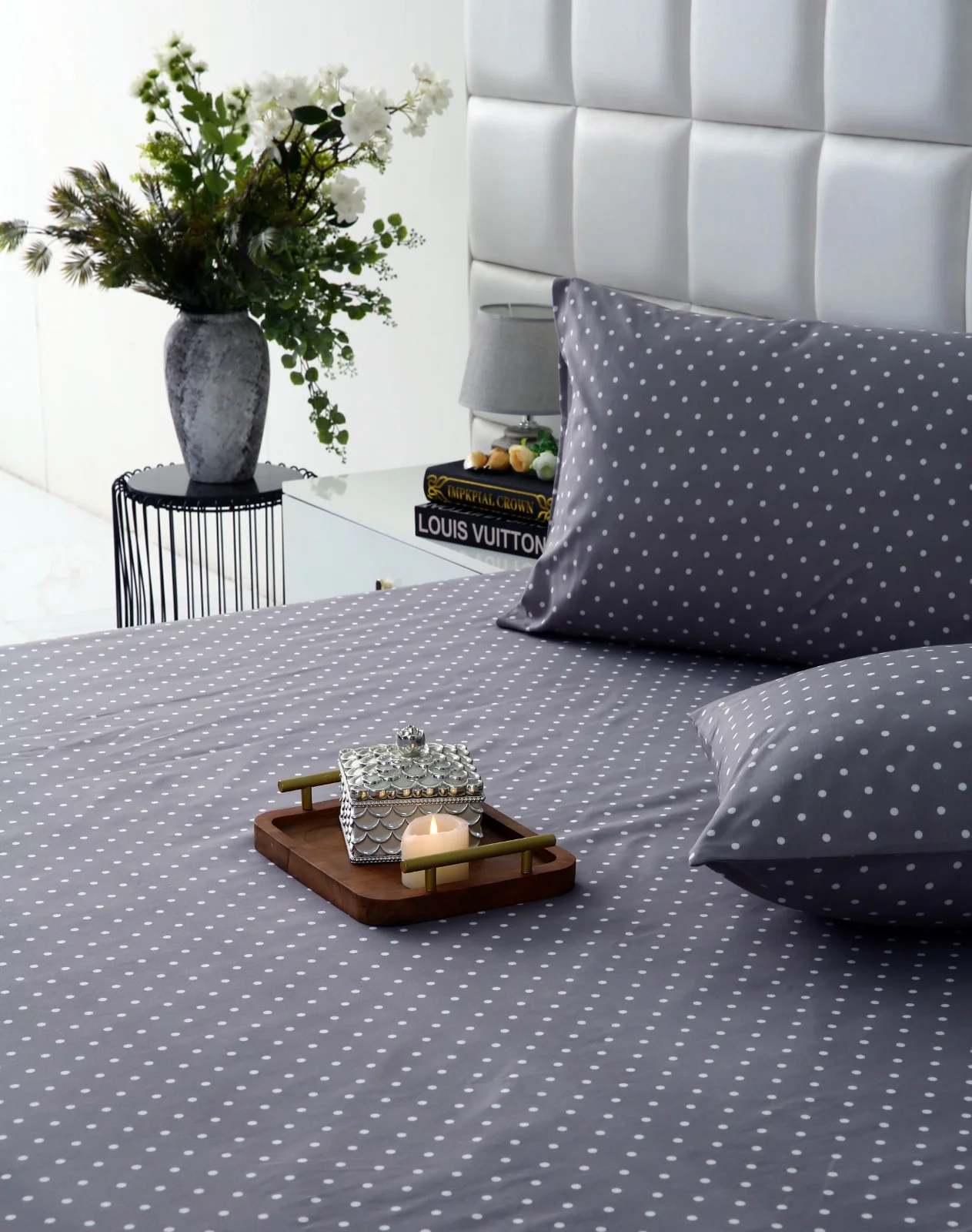 Fitted Bed Sheet-Grey Polka - Image 8
