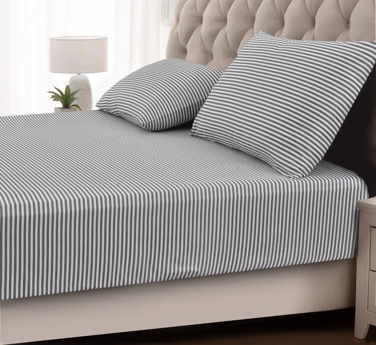 Fitted Bed Sheet-Grey Stripes - Image 2
