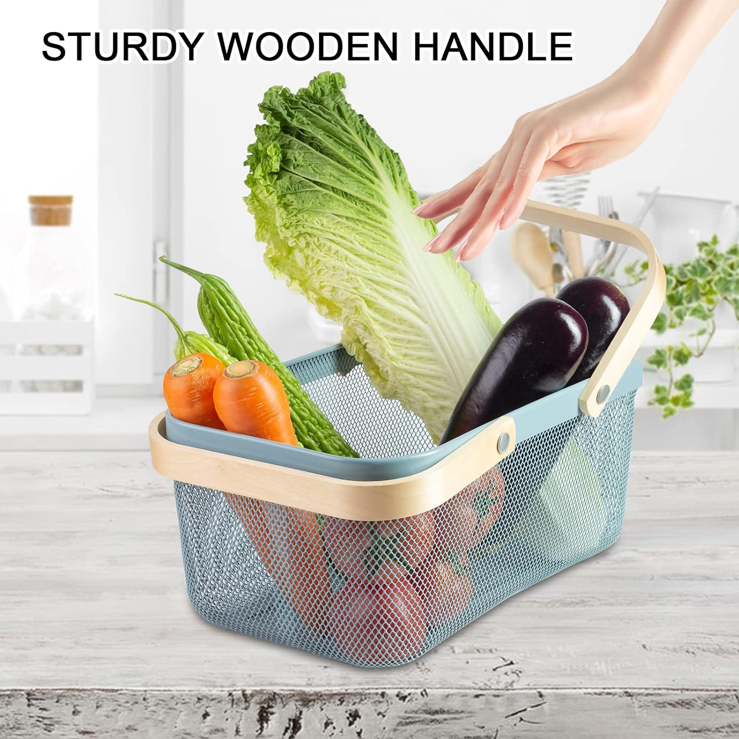 Rectangular Mesh Basket With Double Wooden Handle- Blue - Image 3