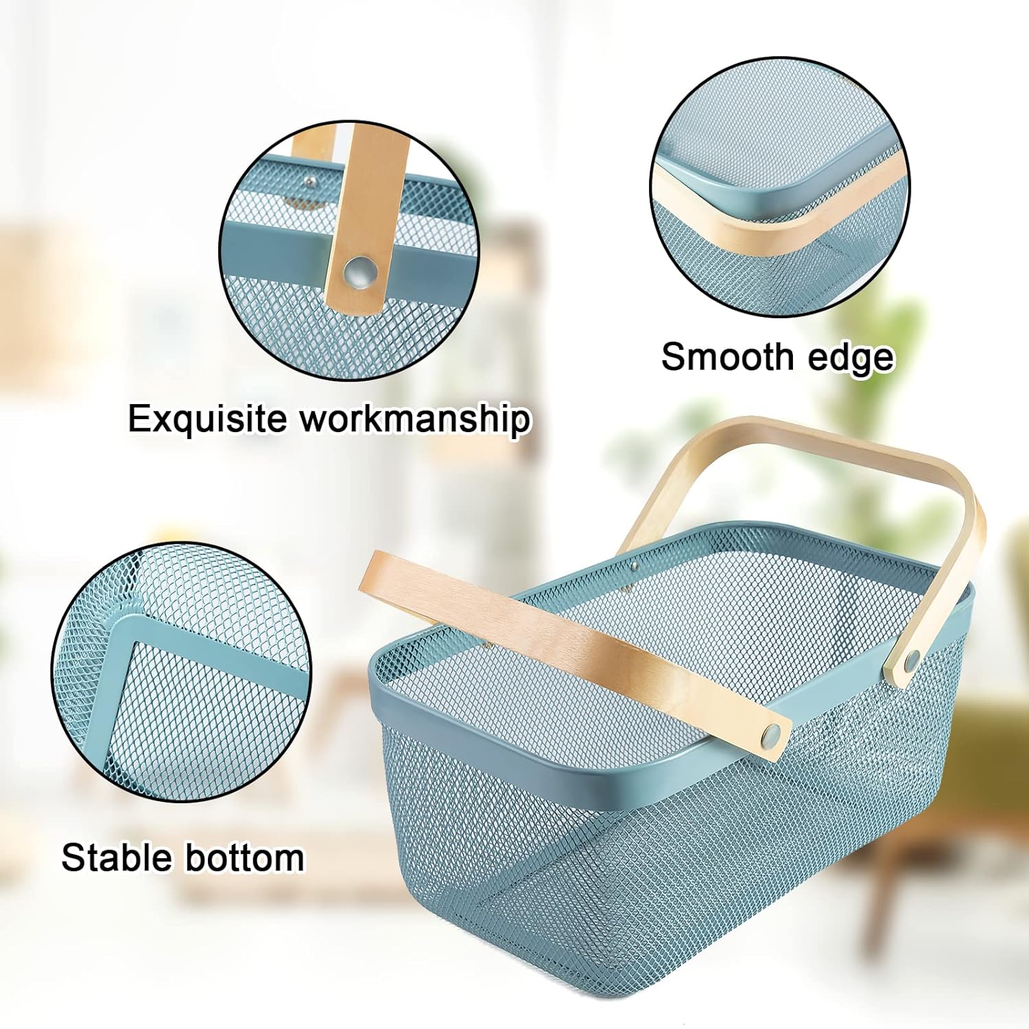 Rectangular Mesh Basket With Double Wooden Handle- Blue - Image 6