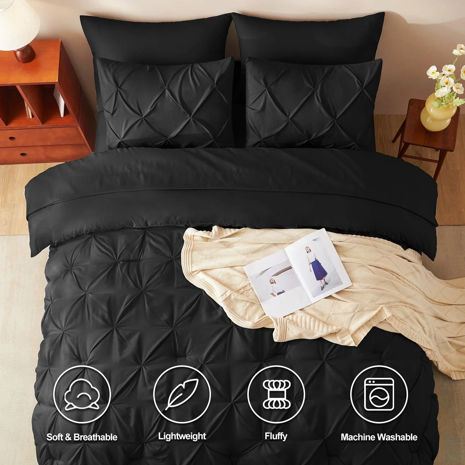 Solid Pintuck Duvet Cover Set-Black - Image 5