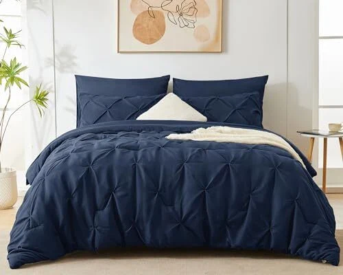 Solid Pintuck Duvet Cover Set-Navy Blue - Image 4