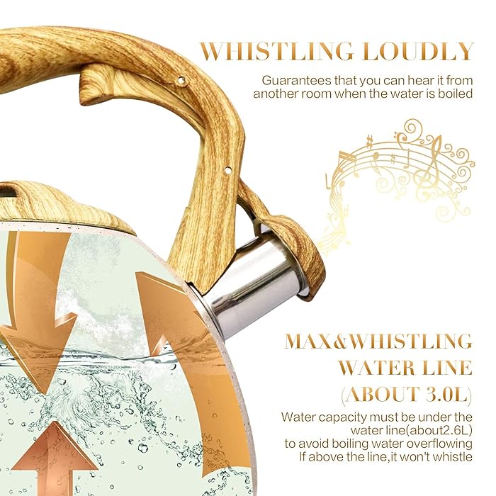 Stainless Steel One Touch Button Whistle Teapot with Anti Scalding Handle-Beige - Image 2
