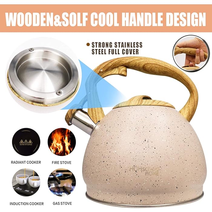 Stainless Steel One Touch Button Whistle Teapot with Anti Scalding Handle-Beige - Image 5