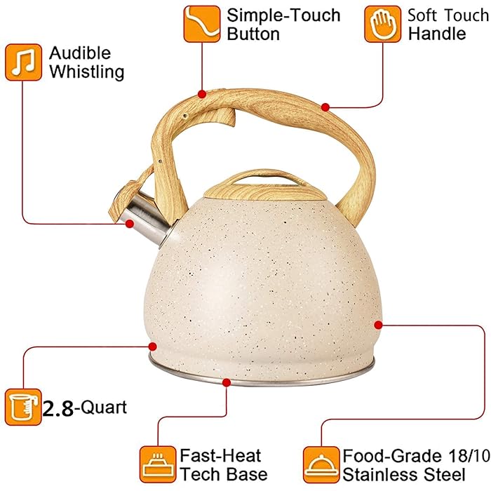 Stainless Steel One Touch Button Whistle Teapot with Anti Scalding Handle-Beige - Image 7