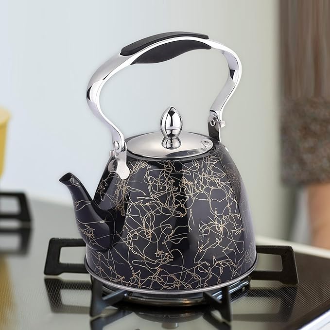 Stainless Steel One Touch Button Whistle Teapot with Anti Scalding Handle-Black Texture