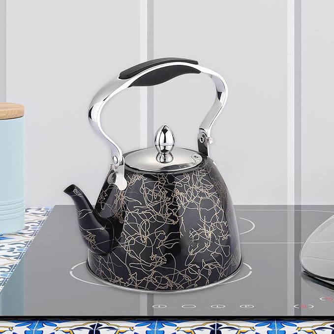 Stainless Steel One Touch Button Whistle Teapot with Anti Scalding Handle-Black Texture - Image 3